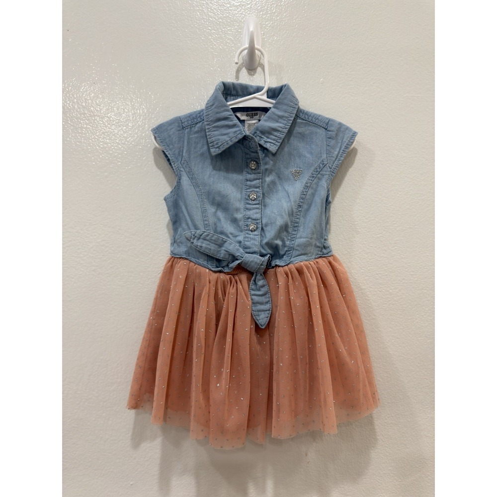 Guess Girls Chambray & Tulle Dress Size 2T Denim Blue Dress Sparkle Skirt